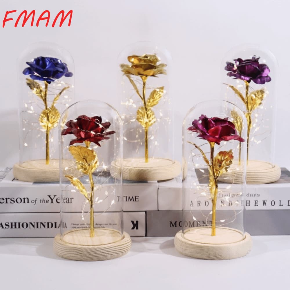 Luz LED Rosa FMAM , Capa De Vidro Flor Preservada Para O Dia Dos Namorados , Flores Artificiais Com