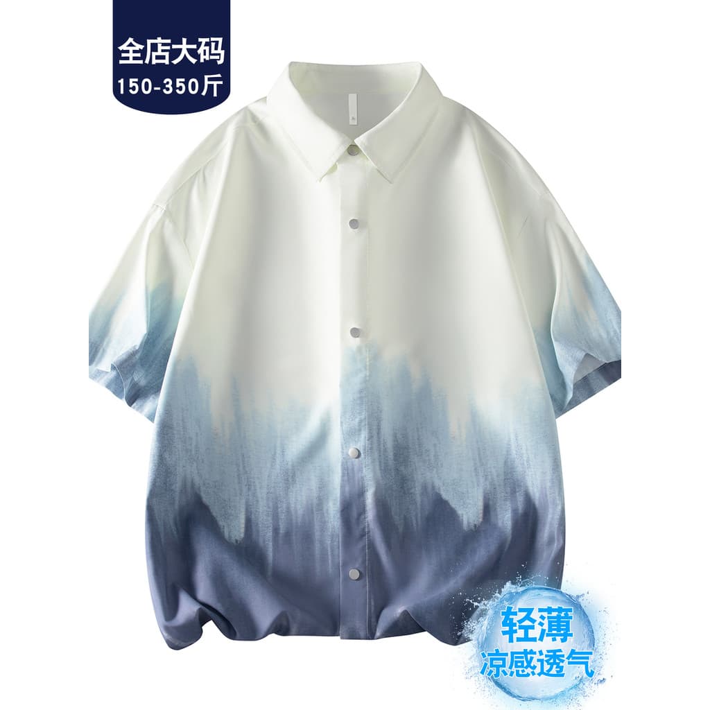 Camisa masculina de manga curta gradiente de tinta de verão de tamanho grande legal respirável solto mais magro olhar Al