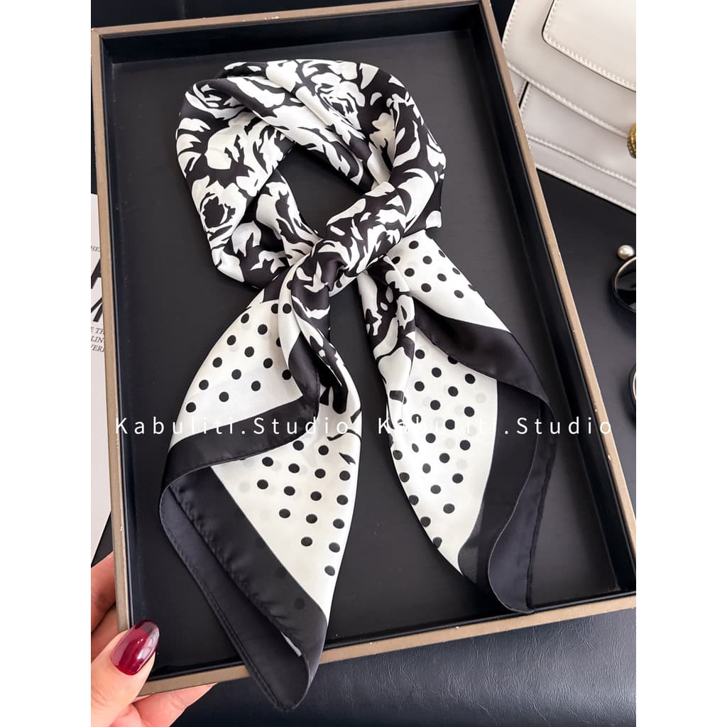 Preto branco Retro pequeno lenço quadrado lenço de seda feminino pescoço proteção pescoço cachecol pescoço profissional