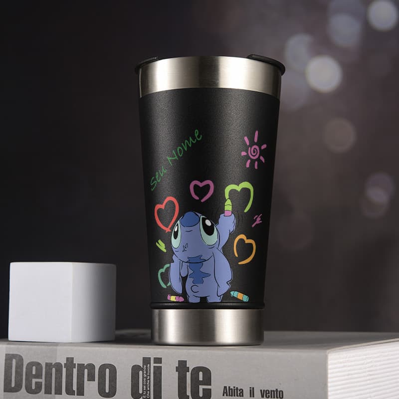 Copo térmico tumbler personalizado stitch 473ml aço inoxidável com abridor de garrafas embutido e tampa