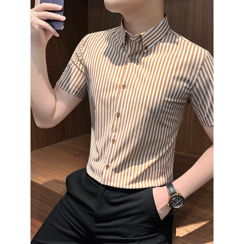 Camisa listrada Vertical masculina de manga curta 2026 novo estilo verão estilo fino versão coreana negócios High-End se