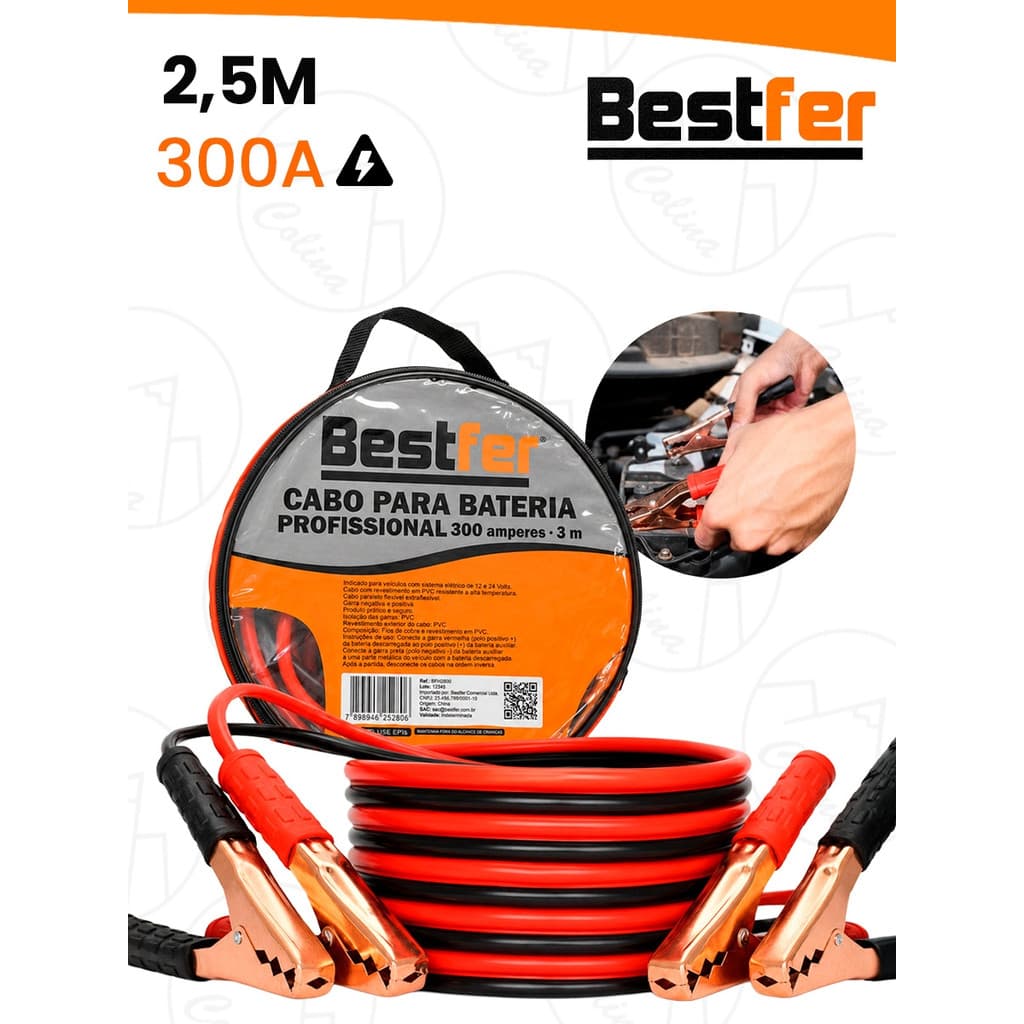 Cabo Chupeta Carregador 2,5M Bateria 300amp Carro Caminhao Moto Bestfer