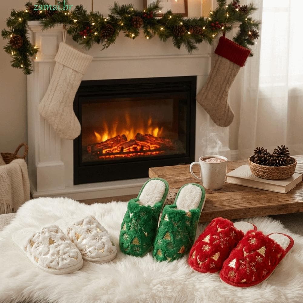 Chinelos De Pelúcia Redondos ZAMAI , Macios Antiderrapantes Para Casa De Natal Casal Com Floco De Neve Dourado