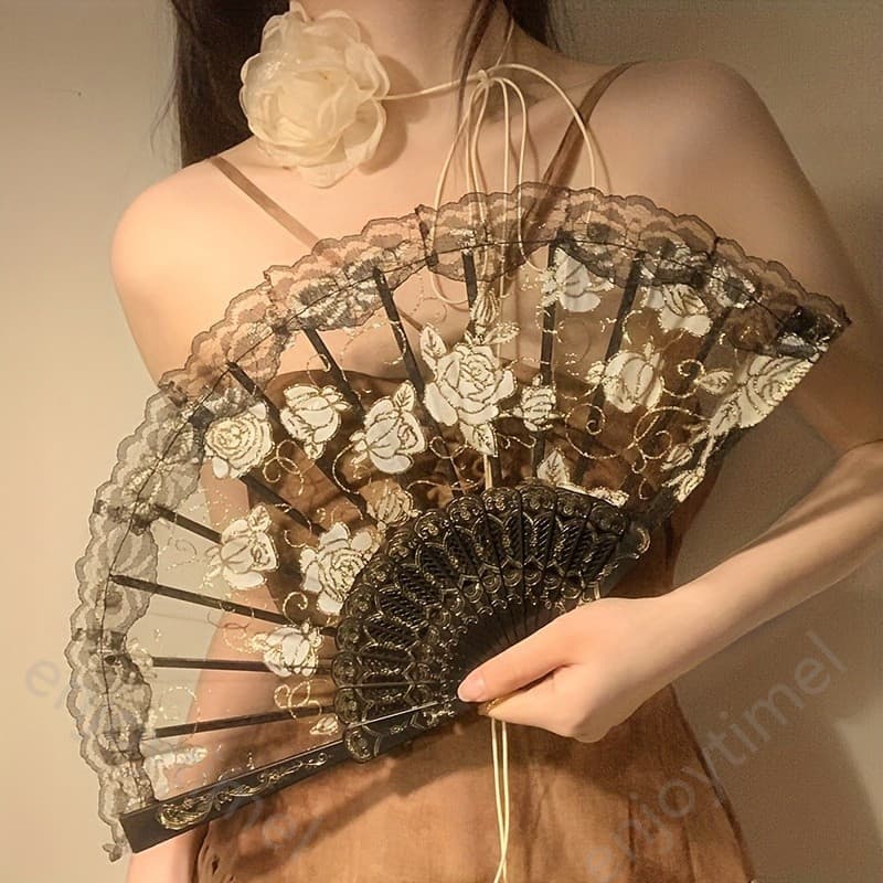 Leque dobrável de renda elegante com rosas - Leque de mão em estilo chinês antigo com padrões florais, opções de rosa pr