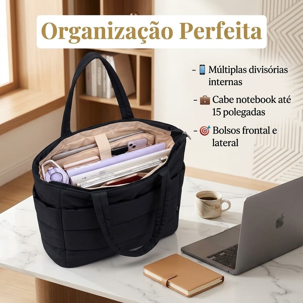 Bolsa Tote Feminina Puff Acolchoada Preta Grande Com Divisórias
