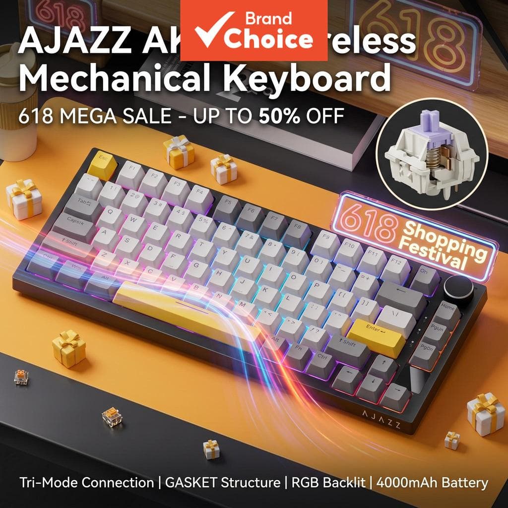 Teclado Mecânico Sem Fio Tri-Mode AK820 da AJAZZ, Estrutura de Gaxeta, Teclado Completo, Troca a Quente de 3/5 Pinos,