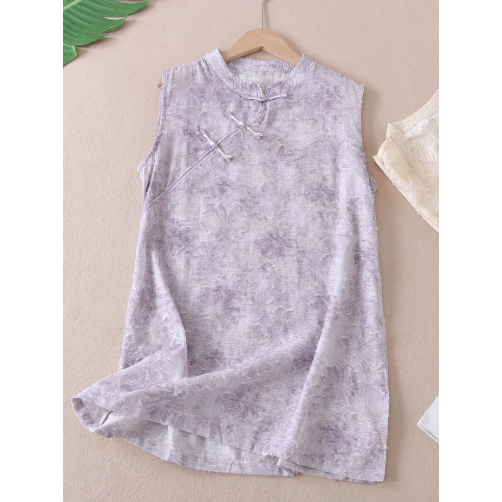 Novo estilo chinês sem mangas topo feminino requintado reunindo flor abotoado colete estilo chinês comprimento médio Aud