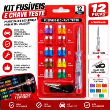 Kit 10 Fusíveis Automotivos + Chave Teste e Garra Jacaré 12 Peças Carro Moto