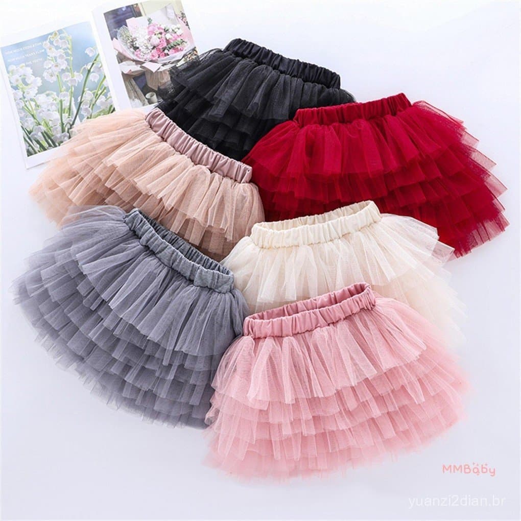 Saia Tutu de Tule para Meninas, Cor Sólida, Cintura Elástica, Saia de Balé, Festa de Natal, Palco, Saia em A 4OUA