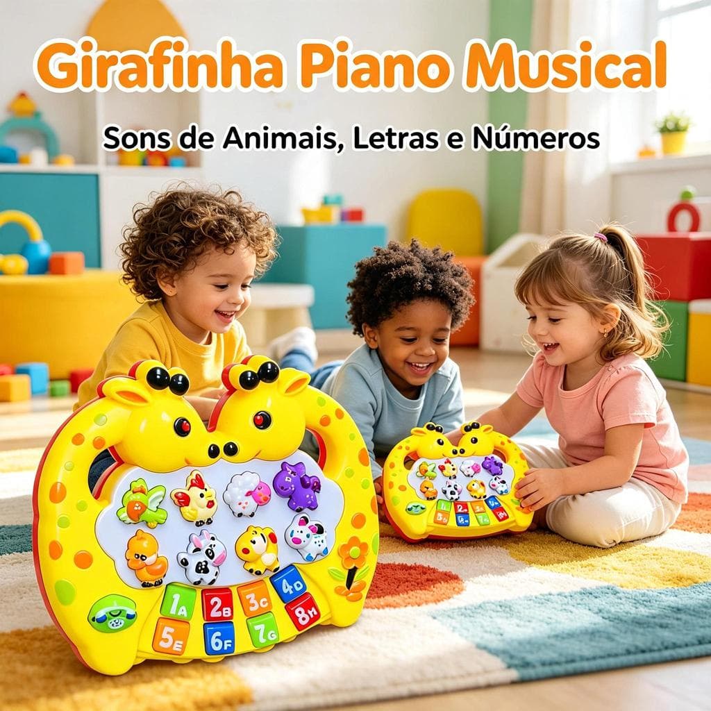 Piano Musical Baby Girafa com Sons de Bichos Letras e Números Brinquedo Musical Infantil Teclado Pianinho Toca Músicas