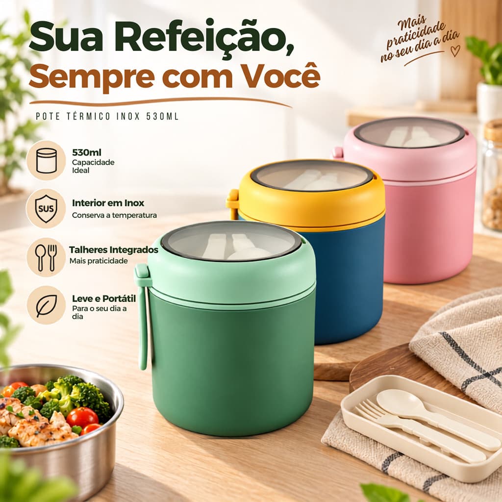 Marmita Térmica Inox 530ml Sem Vazamento com Talheres Compacta Livre de BPA Alça Trabalho Escola
