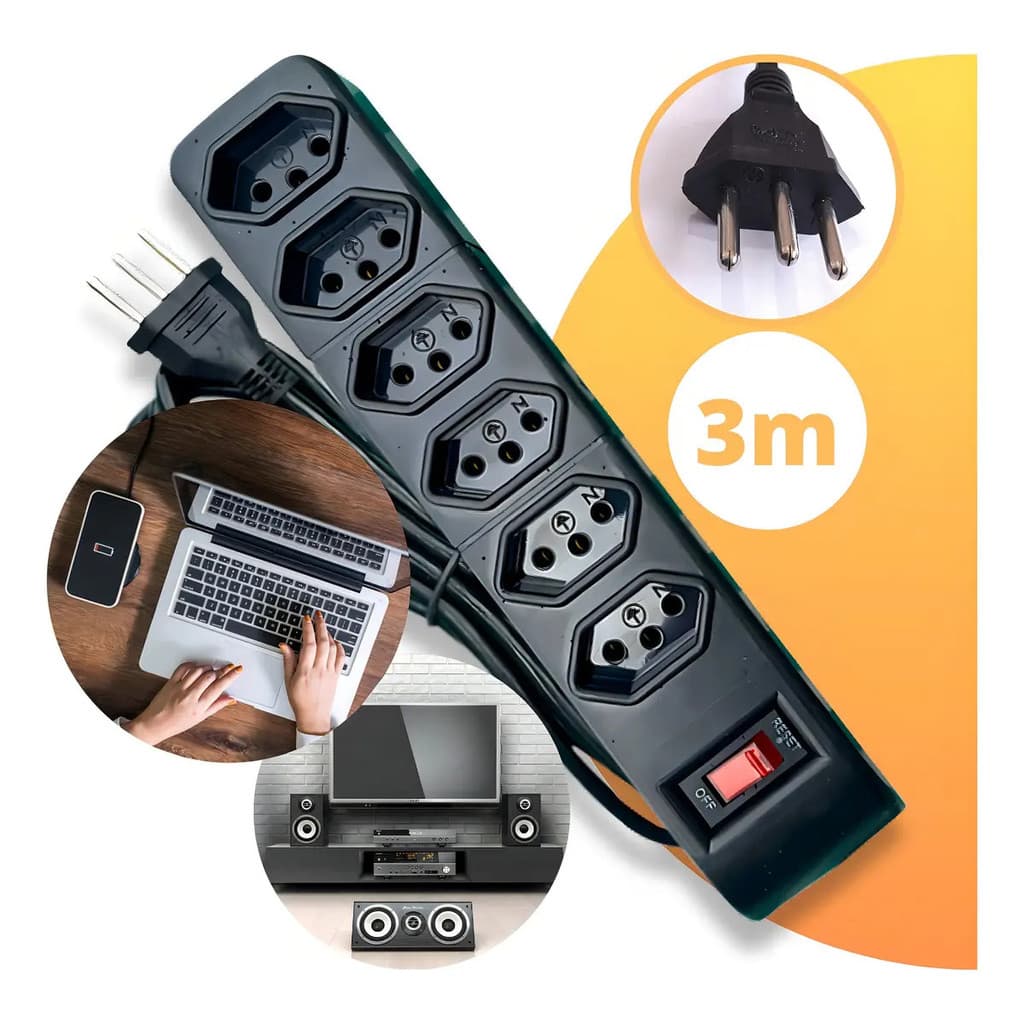 Filtro de Linha Régua Extensão 6 Tomadas 3m 10A Preto Bivolt Proteção Sobretensão