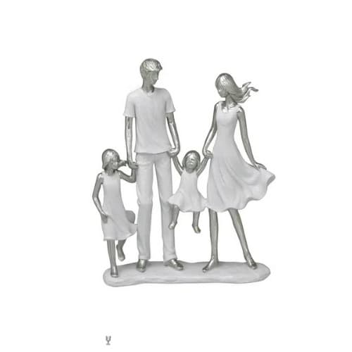 Estátua Casal Com Duas Filhas Em Resina Branco Com Prata