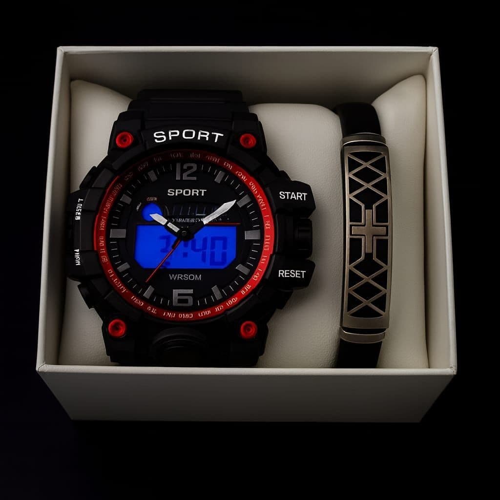 Kit relógio shok masculino sport + caixa luxo presente pais namorado + pulseira premium