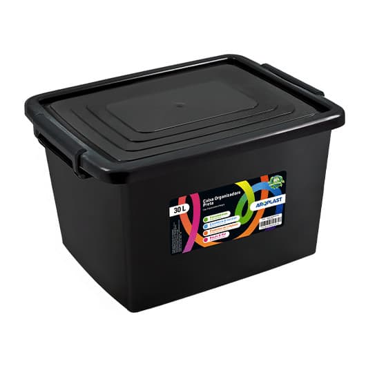 Caixa Organizadora Container 30L Arqplast Preta com Tampa Trava e Alças Kit 1 2 3 ou 4 Unidades