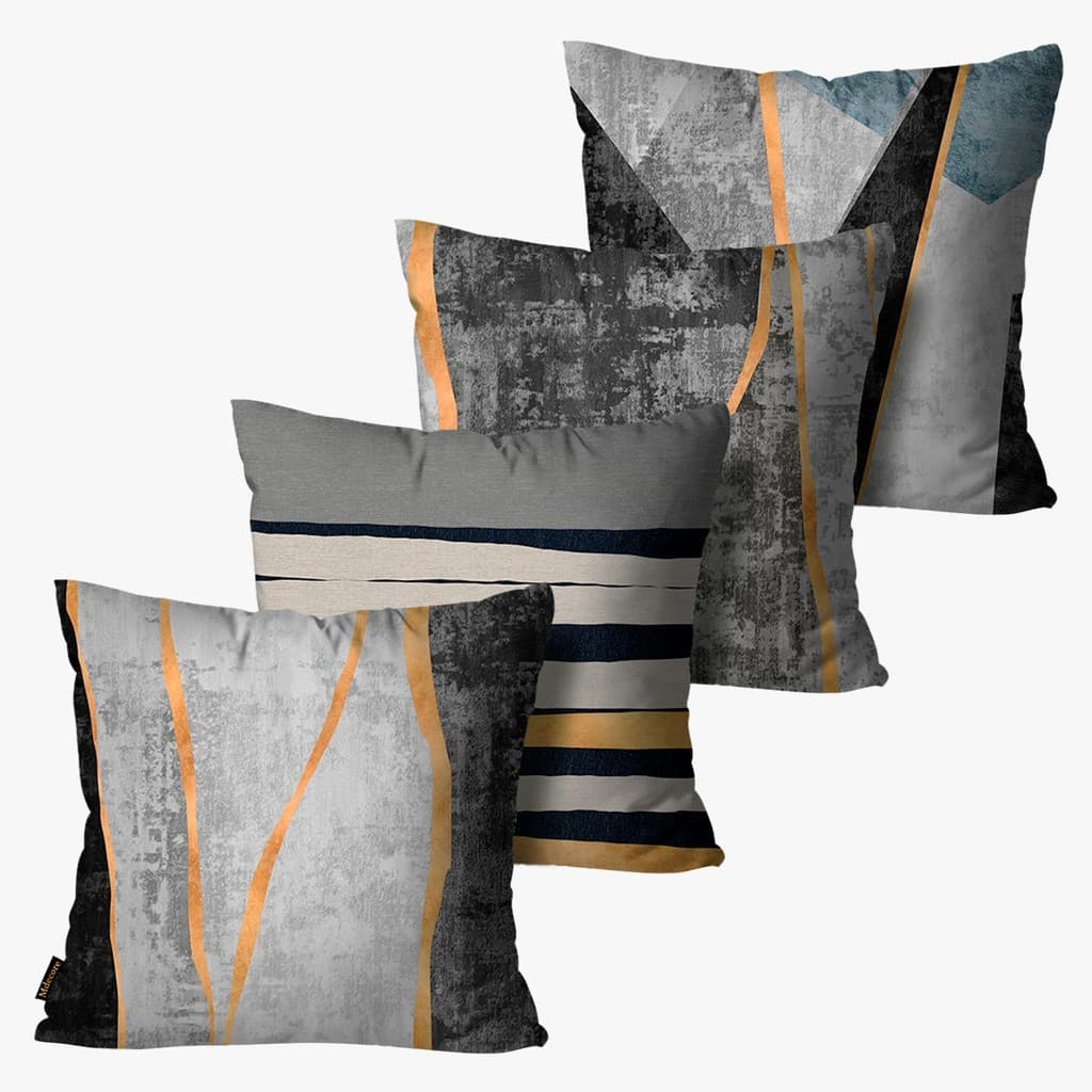 Kit com 4 Capas P Almofadas Decorativas Cinza Com Linhas de Ouro 45x45cm