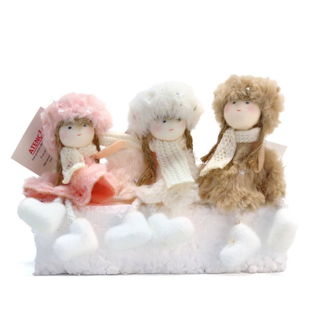 Kit 3 Meninas com Cachecol Rosa, Branco e Bege Enfeite 14cm