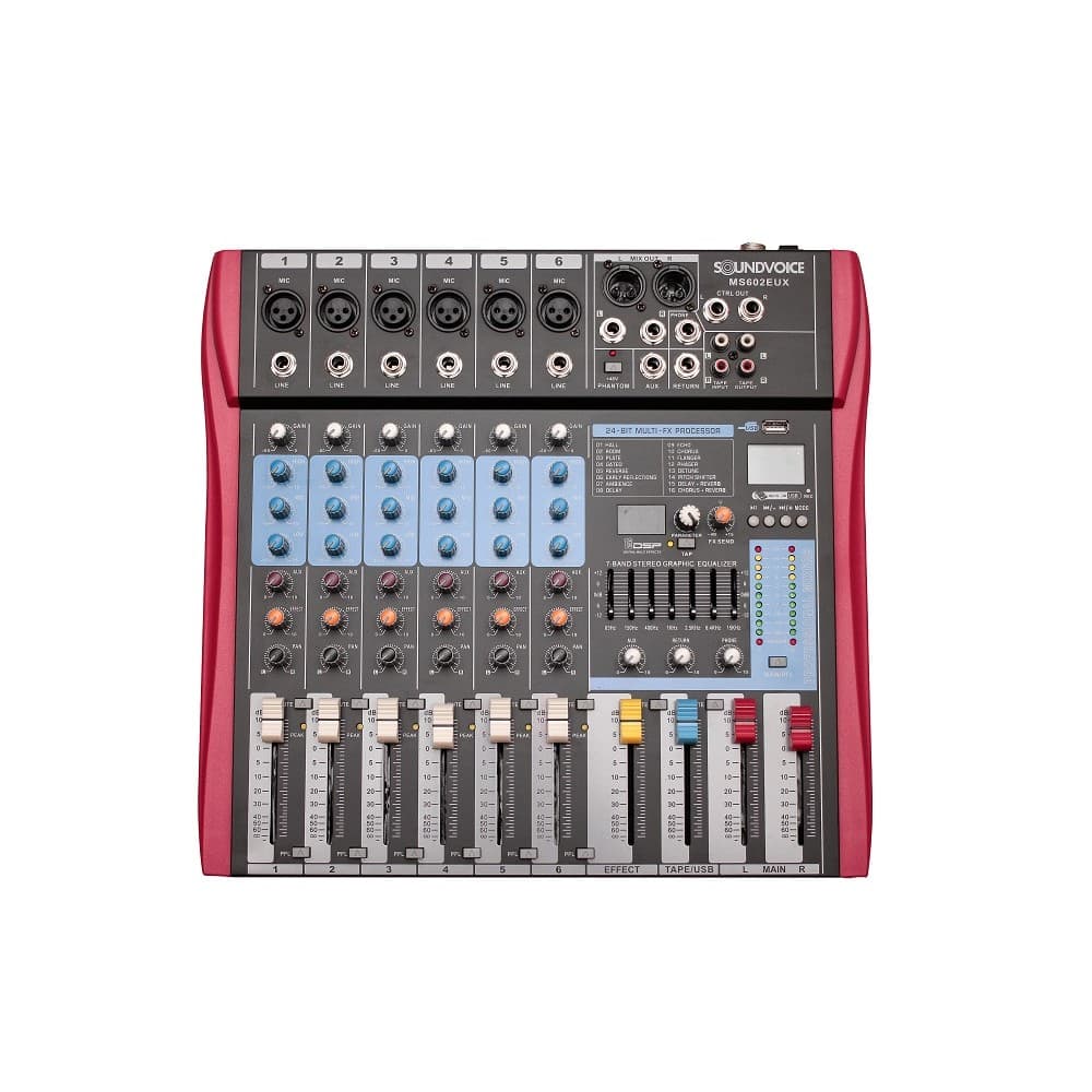 MESA DE SOM SOUNDVOICE MS602 6 CANAIS EUX C/ USB / EFEITO / EQ GRÁFICO