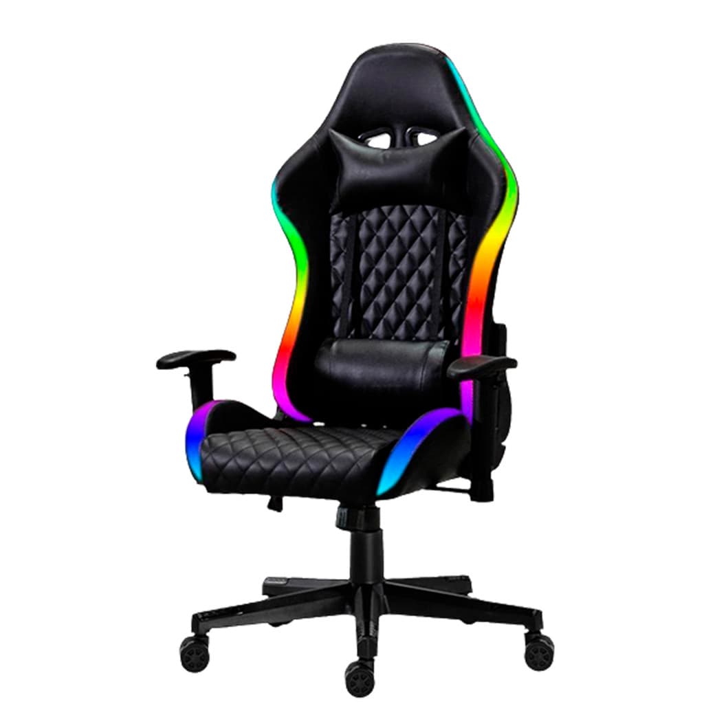Cadeira Gamer Giratória Reclinável em Couro Cor Preta com Iluminação LED RGB Apoio Lombar e Pescoço