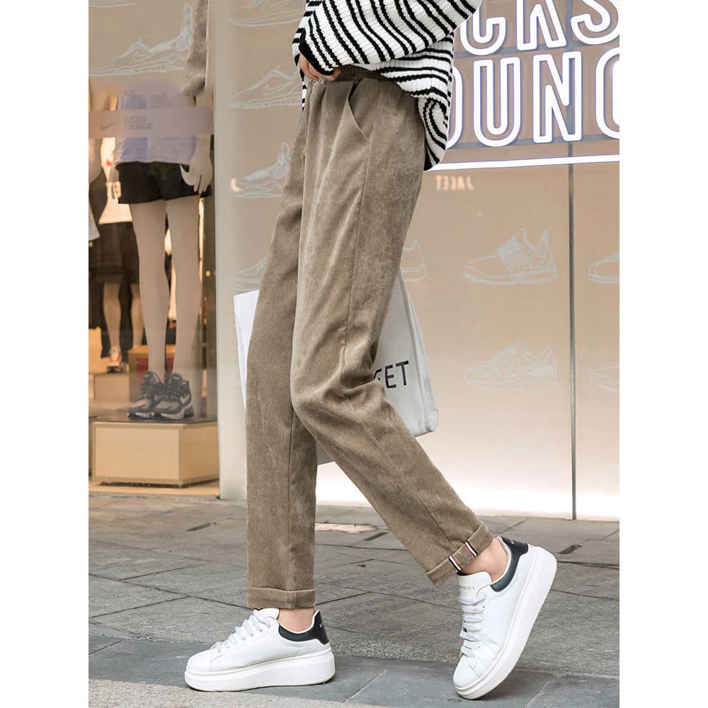 Preto veludo inverno Casual cintura alta mais magro olhar pés pequenos calças de perna larga calças femininas outono inv