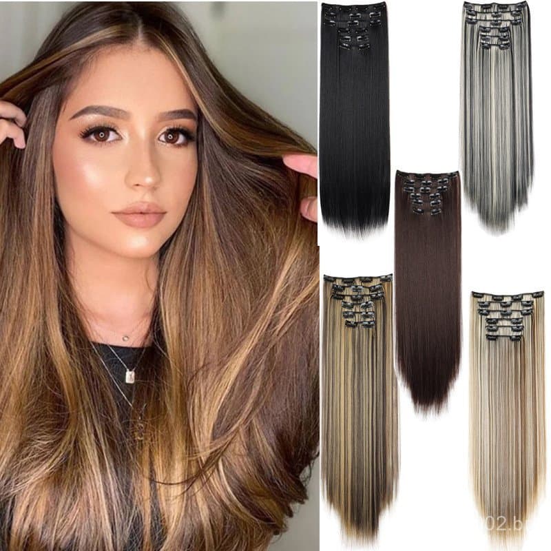 Extensões De Cabelo Preto Sintético Longo E Reto De 24 Polegadas 140g-6pcs Clip-In Ombre Resistente Ao Calor