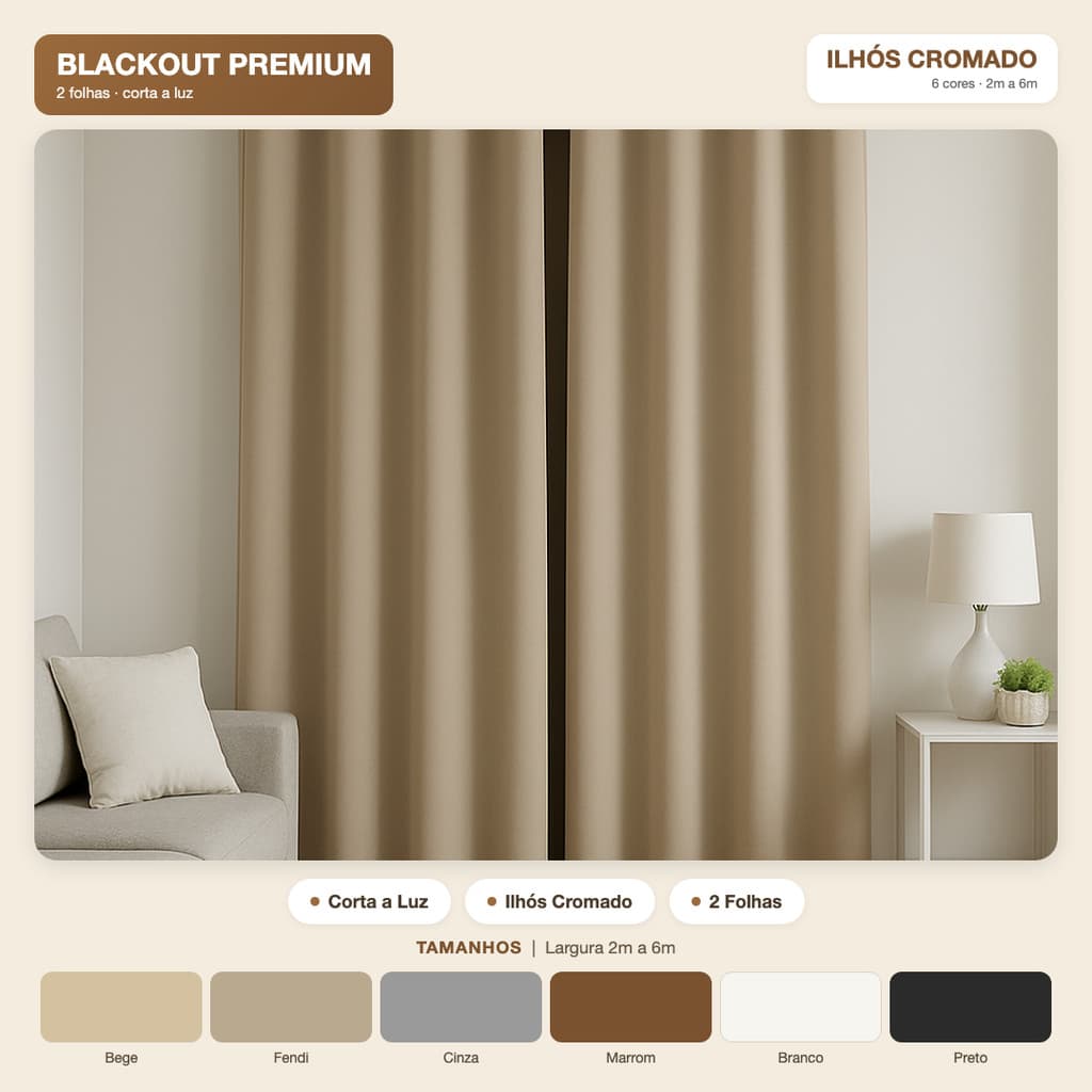 Cortina Blackout para Sala e Quarto 2 Folhas Ilhós Tecido Premium 2m a 5m Corta Luz