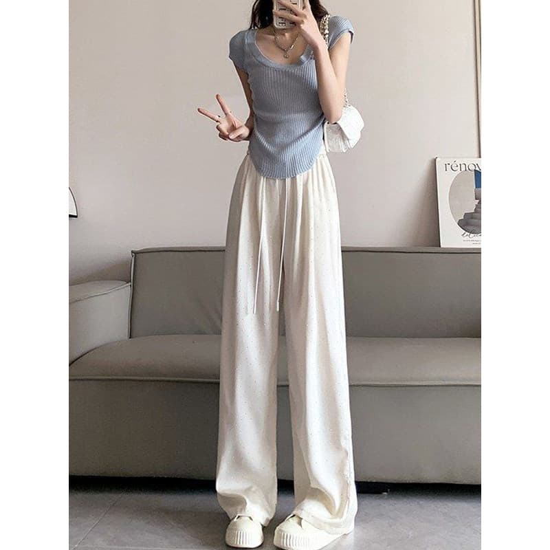 Moda calças de arroz glutinoso feminino primavera verão novo estilo cintura alta drapeado esfregar Casual em linha reta