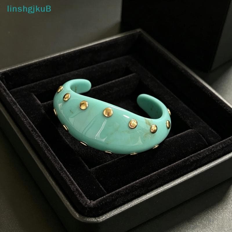 [lLinshgjkuB] Pulseira De Punho De Resina Com Pino Dourado Vintage , Robusta Estampa De Mármore , Joias Hipoalergênicas