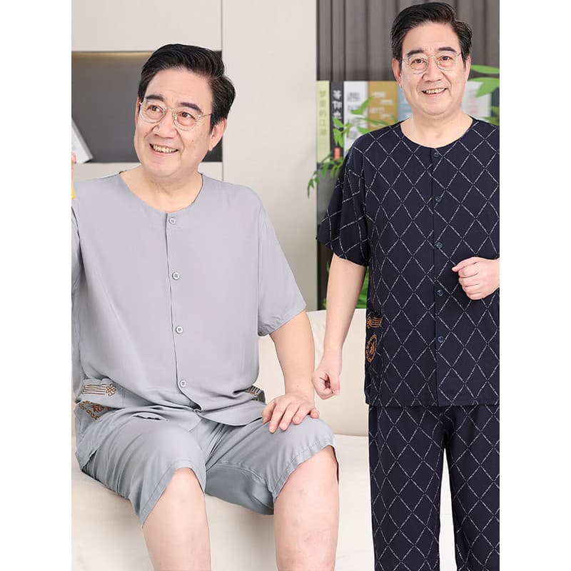 Pijama de seda de algodão masculino idoso de meia-idade vovô verão Cardigan idosos calças cortadas de manga curta