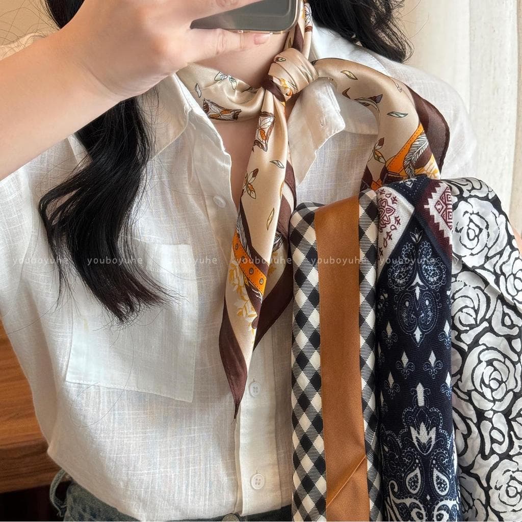 Estilo de dinheiro antigo ~ Retro marrom pescoço cachecol feminino 2025 novo estilo luz luxo High-End lenço quadrado enf