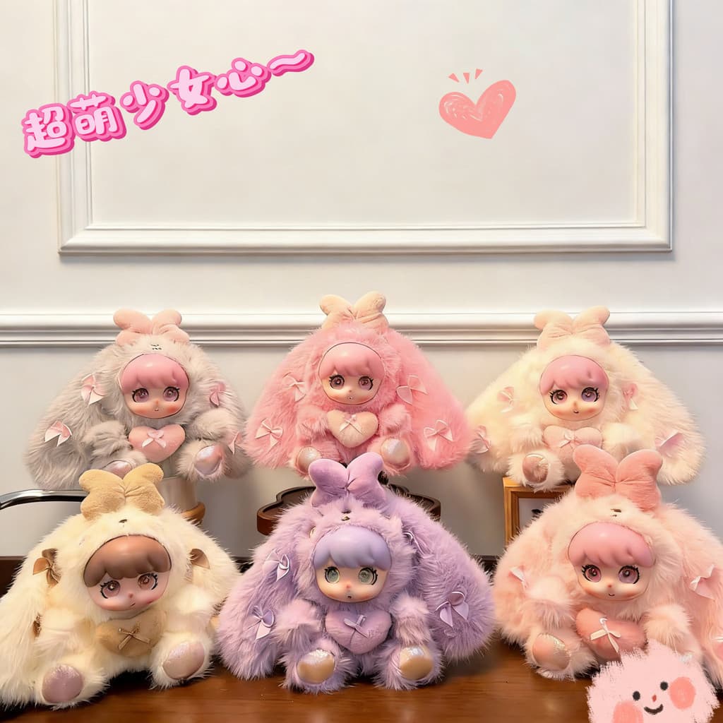 Novo estilo, super fofo, boneca de pelúcia com rosto de couro vinílico e orelhas de coelho, com pingente de bolsa grátis
