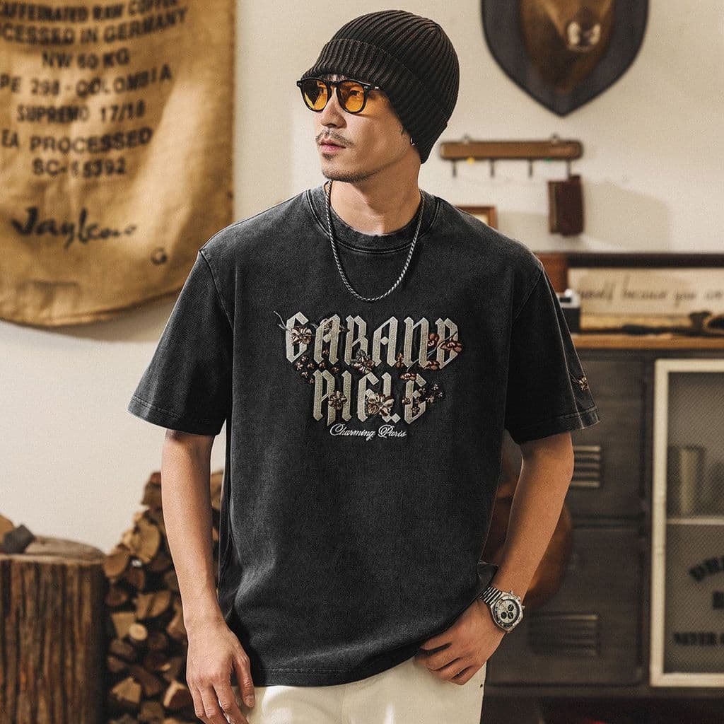 Tamanho grande americano Retro indústria pesada arenito lavado camiseta masculina verão Street Wear de manga curta mascu