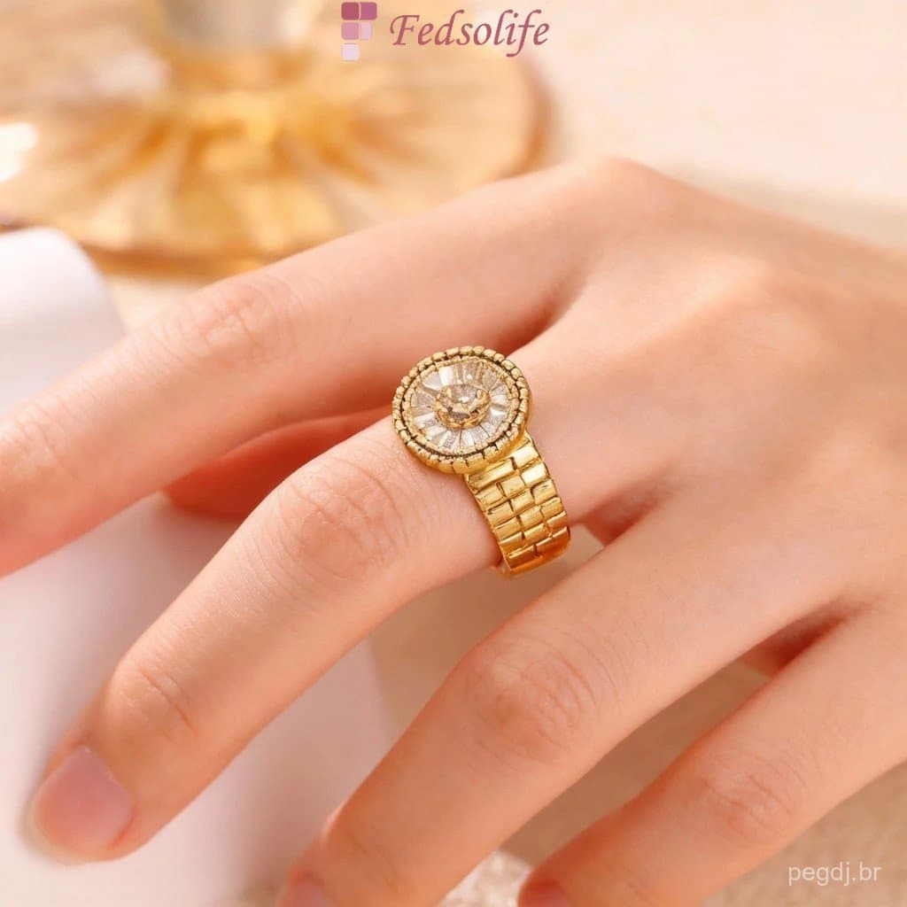 [Anel Fedsolife ajustável] Venda quente temperamento elegante exclusivo feminino em forma de relógio anel de diamante eu