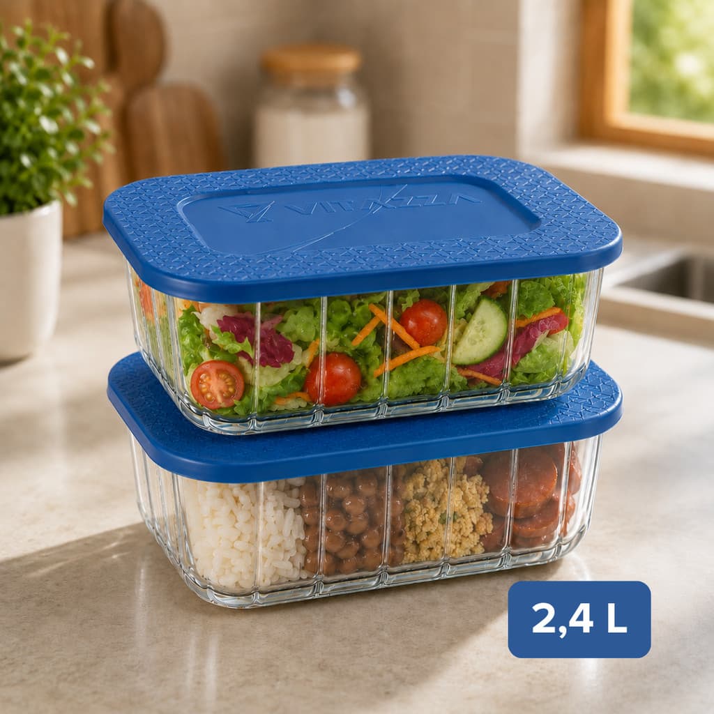 Kit 2 Potes De Vidro Com Tampa 2,4 Litros Tigela De Vidro Marmita Saladeira Marinex Grande