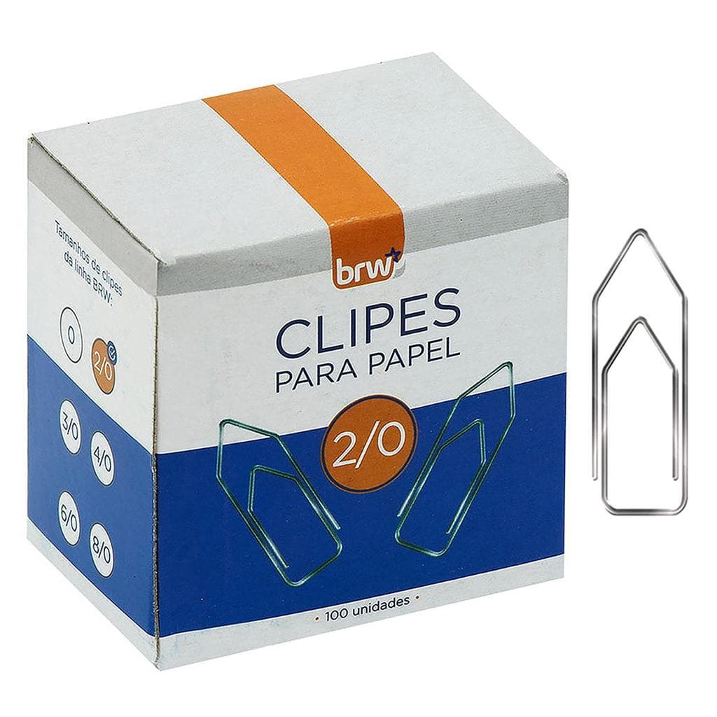 Clipes para Papel 2/0 BRW Caixa com 100 Clips Número 2/0 em Aço Galvanizado Não Oxida Não Quebra
