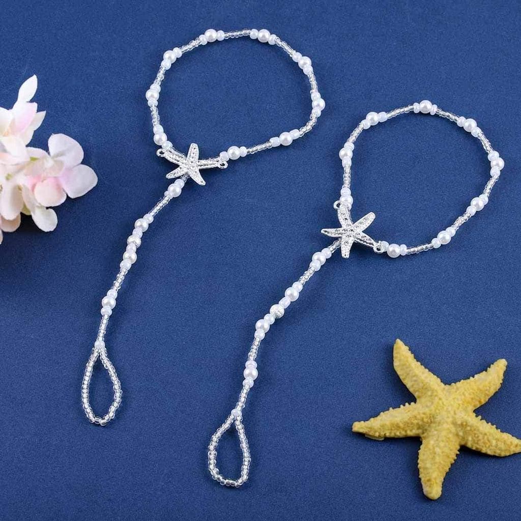 Sandálias Descalças Ursumy Pearl com Corrente de Tornozelo de Estrela-do-Mar para Praia, Correntes de Pé para Noivas, Jo