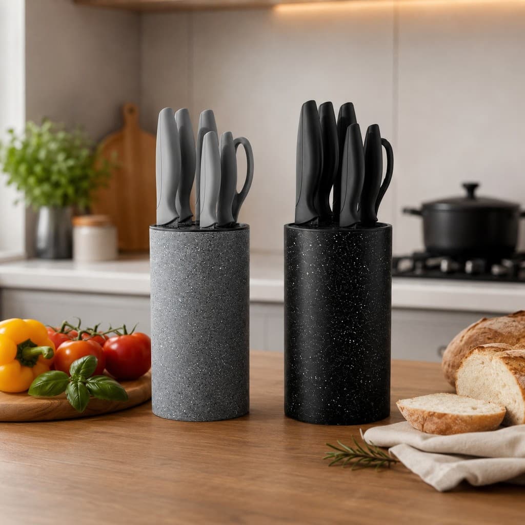Conjunto de Facas com Suporte, Tesoura e Lâminas em Inox para Uso Doméstico