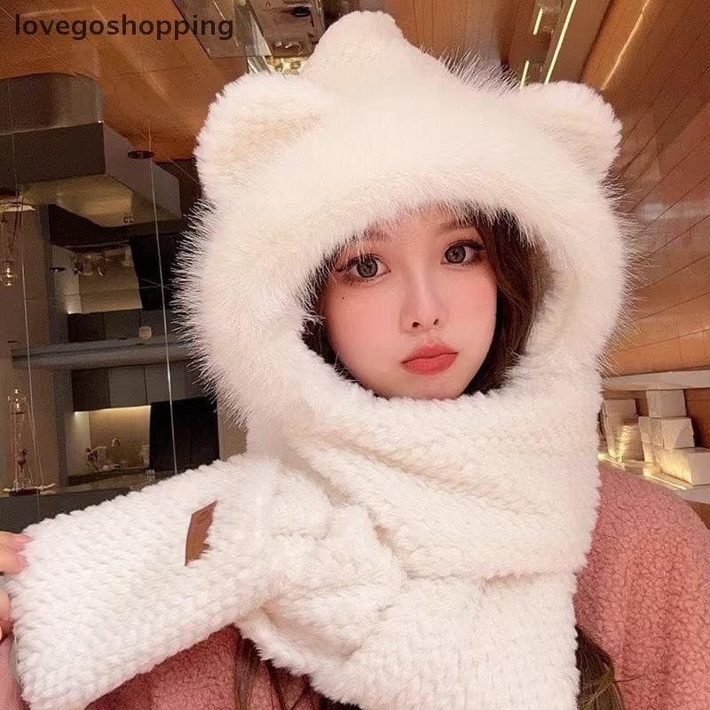 [lovego] Inverno Bonito Urso Orelha Chapéu De Pelúcia Com Orelhas Cachecol Quente Luvas Conjunto Para Mulheres Menina Go