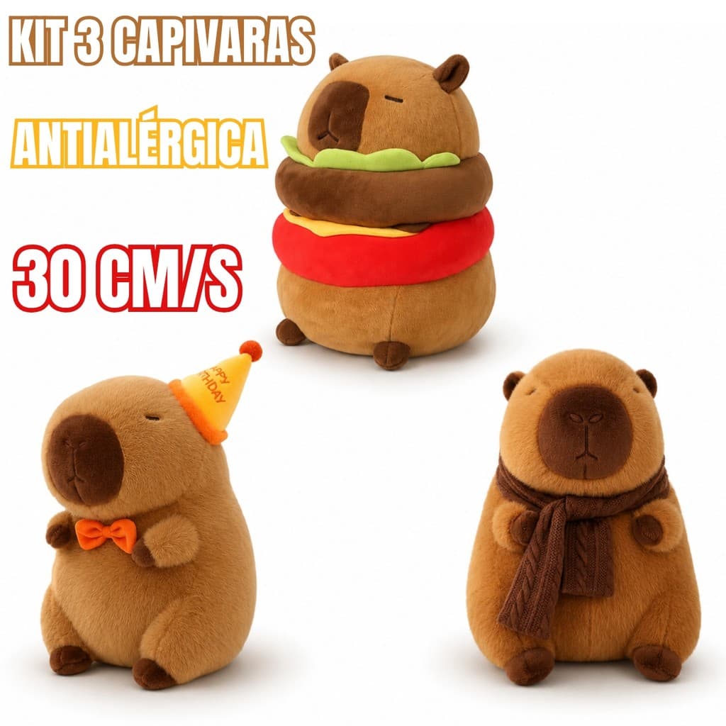 Kit 3 Capivaras de Pelúcia 30cm Antialérgicas Macias Laváveis