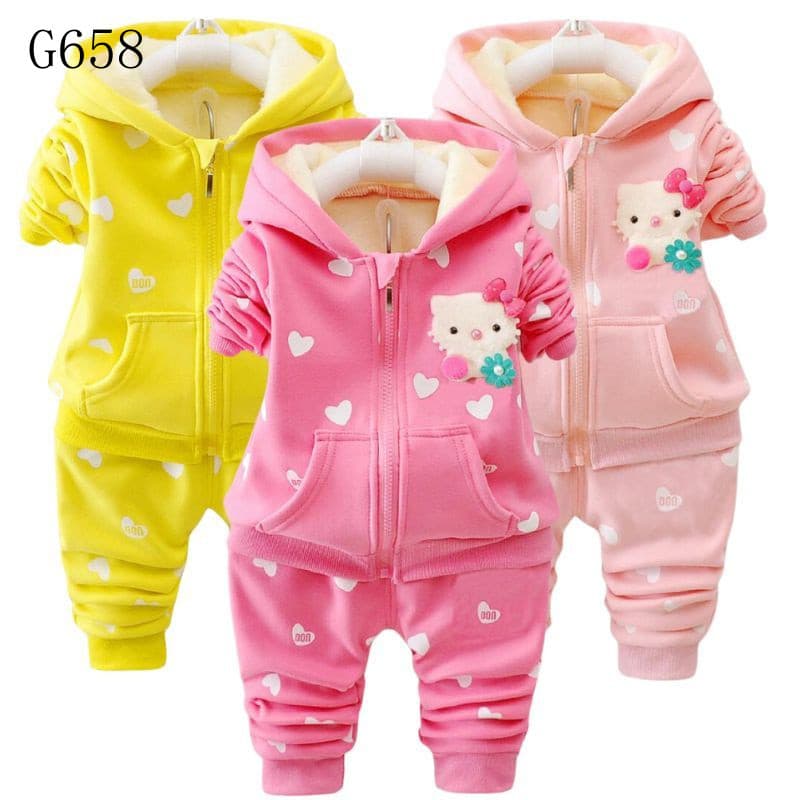Conjunto de Fleece Polar para Meninas, Casaco Quente de Inverno com Capuz e Estampa de Desenho Animado + Calças, 2 Peças