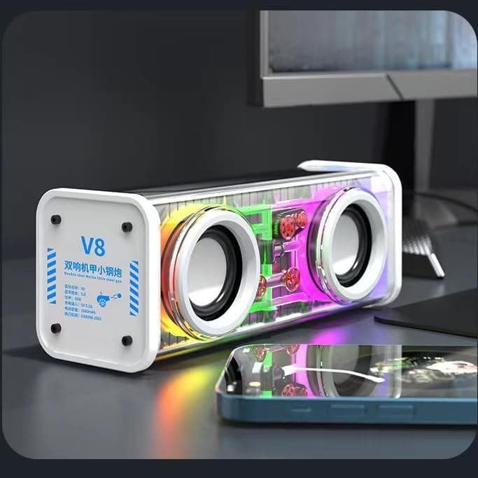 Caixa de Som Bluetooth Mecânica Transparente V8 com Duplo Bass, Caixa de Som de Mesa Sem Fio
