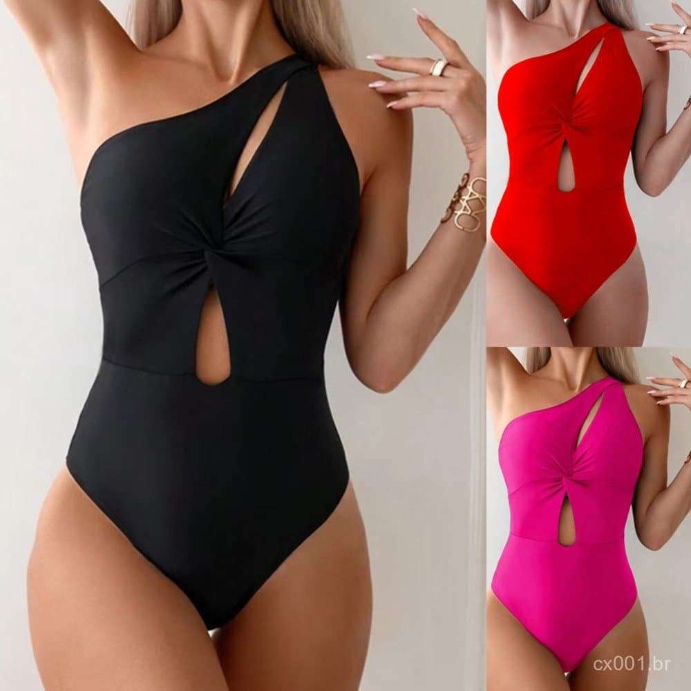 Maiô De Praia Feminino Com Bojo Verão Cintura Alta Cor Sólida Um Ombro Apertado Oco