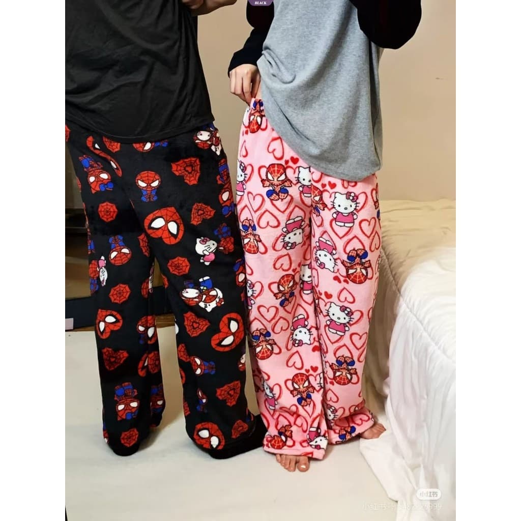 Pijama de Flanela Hello Kitty Homem-Aranha Anime, Calças Largas, Confortável e Macio para Casais [BL] 2026