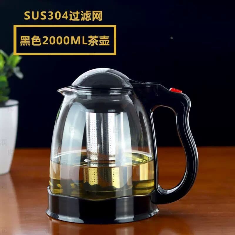 Bule de vidro preto de 2.000ml, grande capacidade, sem chumbo, resistente ao calor, chaleira doméstica espessada, conjun