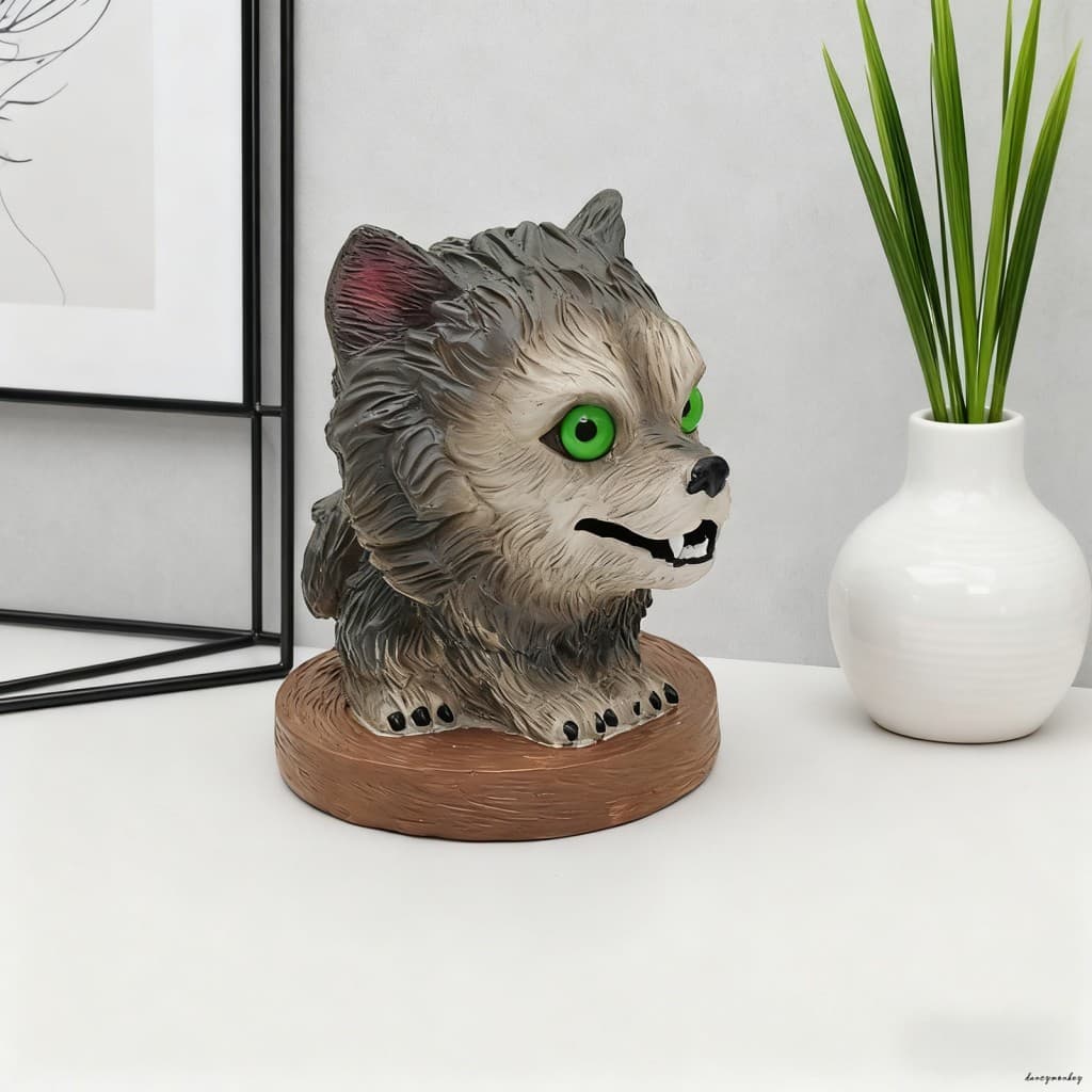Mini Estátua De Cachorrinho Uivante De Resina Com Olhos Verdes-Decoração De Lua Enfeite De Mesa Da Sorte
