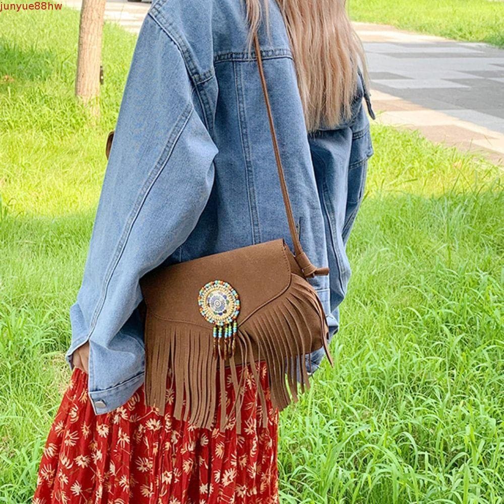Bolsa De Ombro Com Borla JUNYUE , Crossbody De Camurça Estilo Coreano Vintage Couro PU Étnico