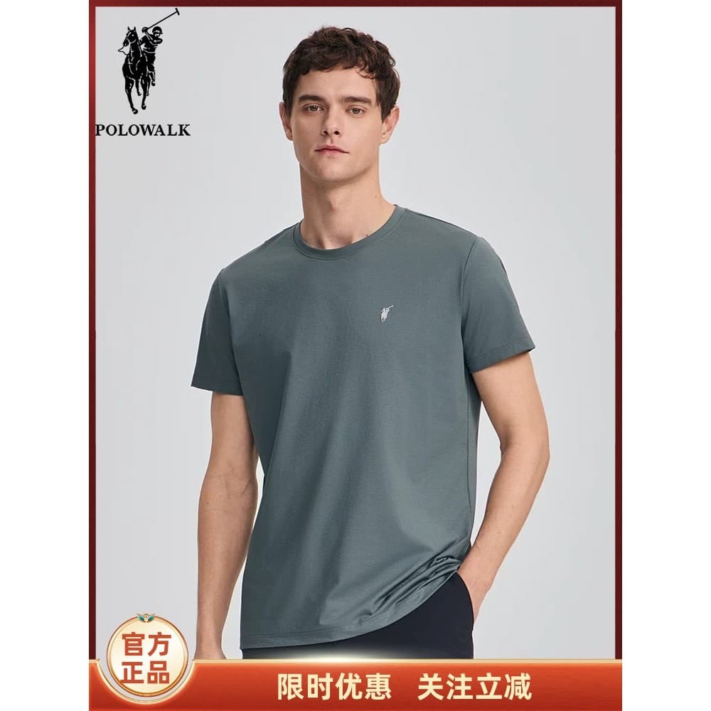 POLOWALK masculino de manga curta em torno do pescoço camiseta 2025 verão novo simples All-Match topo curto t Casual cam