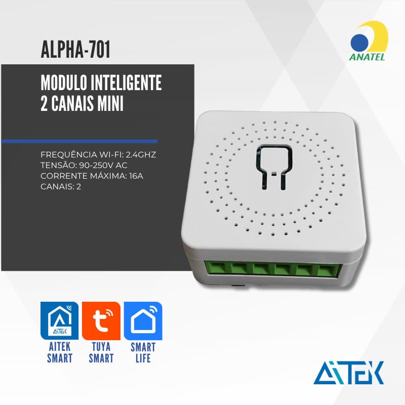 MODULO INTELIGENTE 2 CANAIS MINI WIFI APP TUYA ALPHA-701-2 AITEK