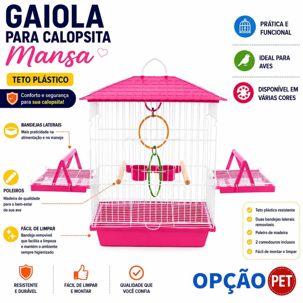 Gaiola para calopsita mansa teto plástico com bandejas e poleiros na cor ROSA- OPÇÃO PET