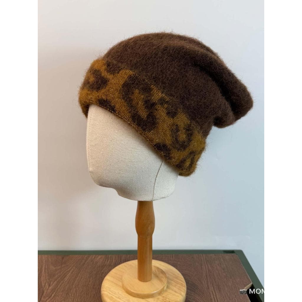 Melad Salad Escovado Retro Leopardo Estampa Borda Outono Inverno Versão Grande Chapéu de Malha Pequeno Chapéu de Pilha C